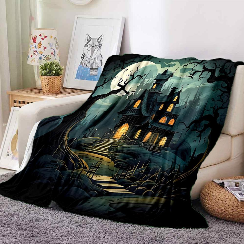 1pc Haunted House Moonlit Night Blanket, Lightweight Flannel Throw Blanket for Sofa, Bed, Travel, Camping, Living Room, Office, Couch, Chair, and Bed