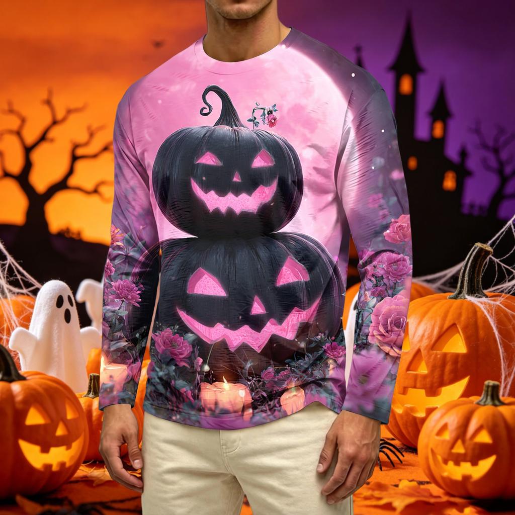 Men's Casual Long Sleeve T Shirt Crew Neck Halloween Pumpkin Print Lightweight Comfortable Fit Top for Everyday Wear