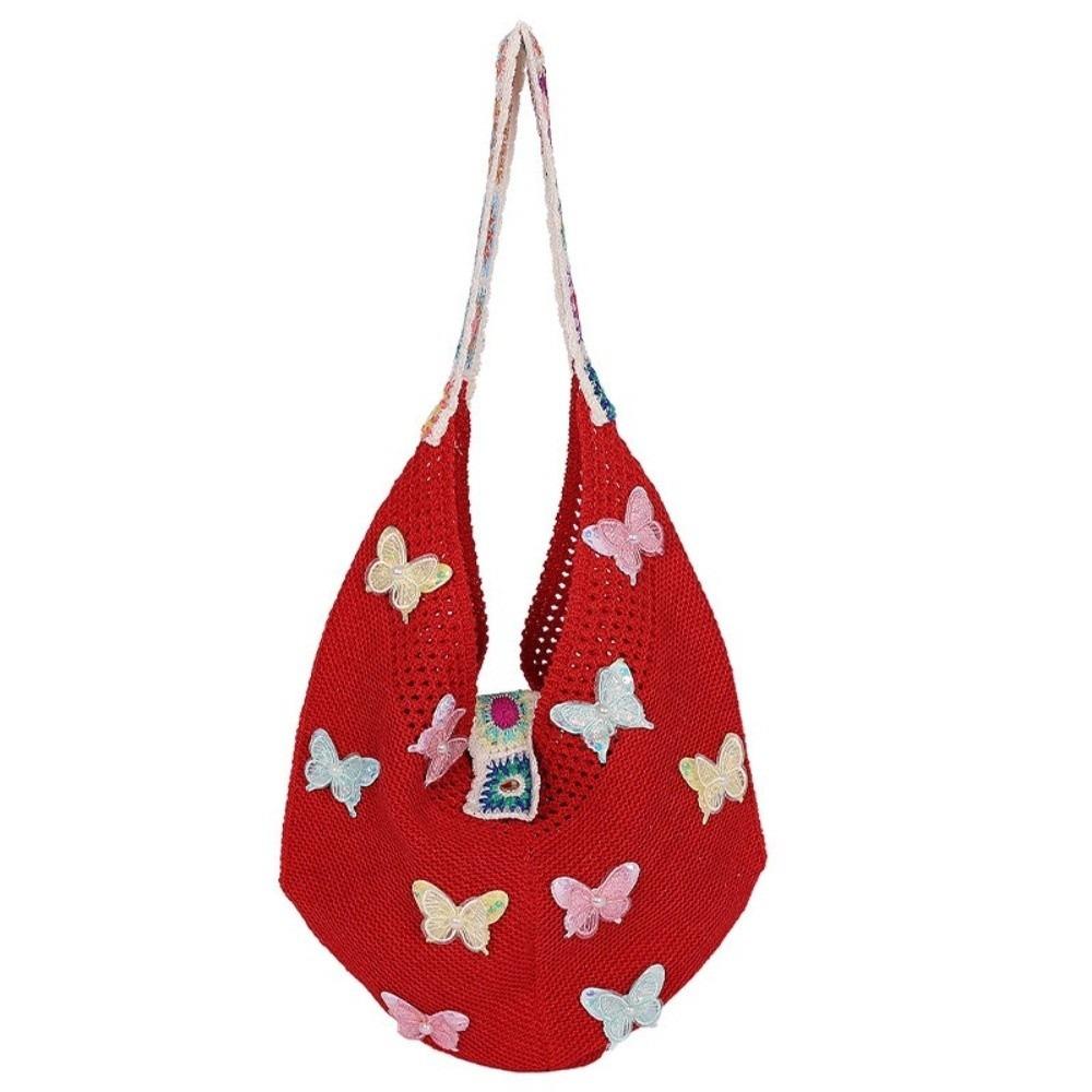 Fashion Large Capacity Women Shoulder Bag Butterfly Floral Crochet Hollow Out Knitted Handbag Vintage Multicolor Crossbody Bags