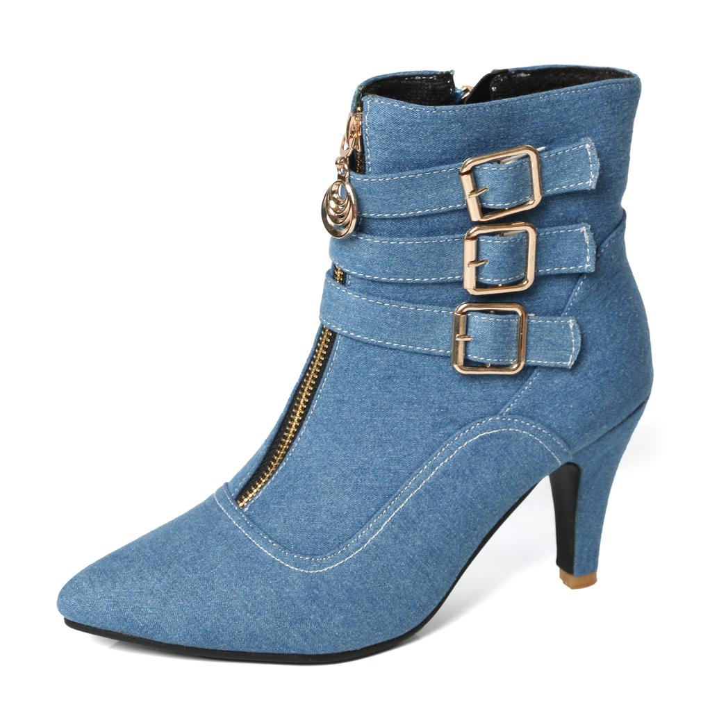 FOREADA Women Ankle Boots Pointed Toe Kitten High Heels Buckle Zipper Short Boots Ladies Fashion Shoes Autumn Winter