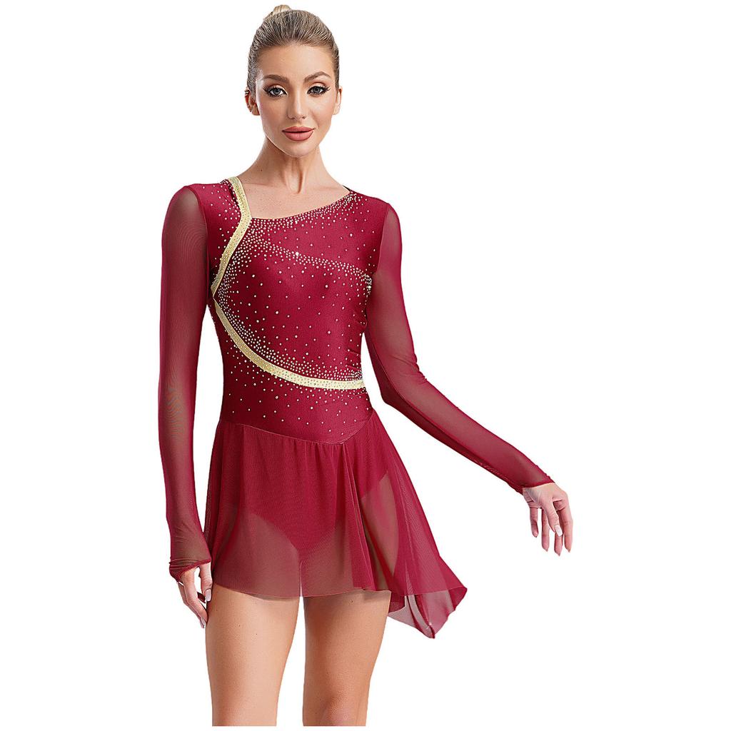 Women's Performance Dancewear - Sheer Mesh Long Sleeve Backless Dress with Rhinestones for Lyrical & Skating