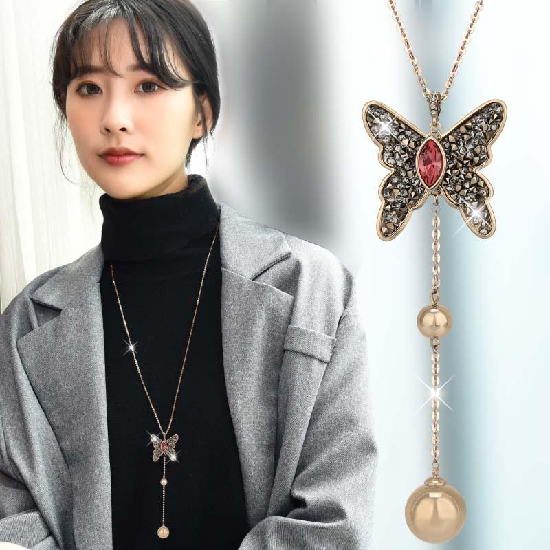 Sweater Butterfly Elegant Necklace For Women With Dazzling Rhinestone Accents And Trendy Long Chain Design