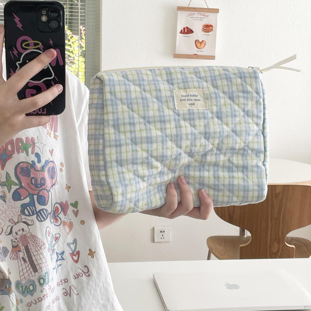 Vintage Plaid Women's Storage Bags Large Capacity Cosmetic Bag Make Up Case Soft Cotton Portable Female Clutch Purse Handbags