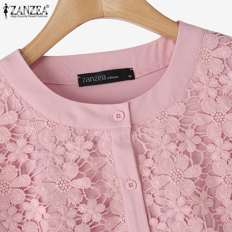 ZANZEA Womens Casual Lace Patchwork Round Neck Half Sleeve Blouse
