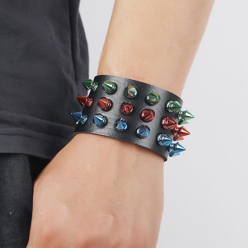 Three Rows Of Colorful Spikes Exaggerated Punk Leather Bracelet