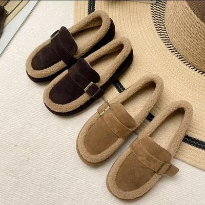 Wearing Warm Loafers for Women's 2025 New Flat-bottomed Doudou Shoes, Winter Velvet and One-pedal Retro Thick Cotton Shoes for Women
