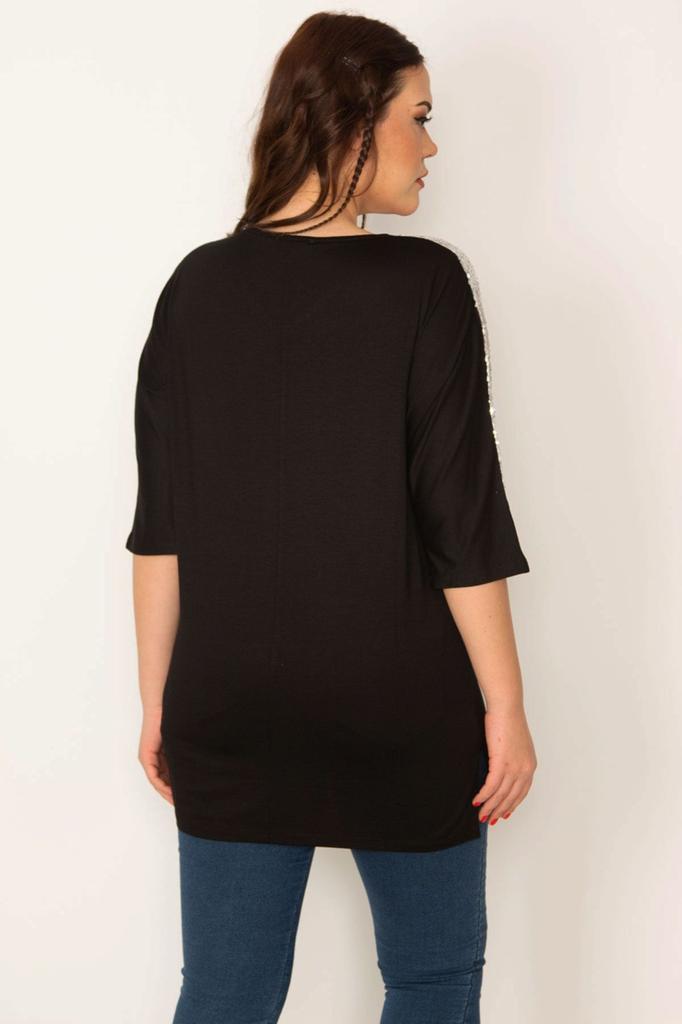 Damska bluzka w dużym rozmiarze Duży rozmiar Srebrna cekinowa szczegółowa bluzka z wiskozy z dekoltem w szpic i rękawami capri