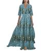 Ladies' Casual And Fashionable Color Printed Patchwork V-neck Long Dress