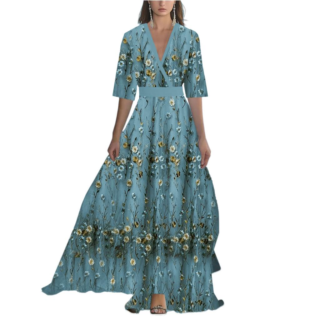 Ladies' Casual And Fashionable Color Printed Patchwork V-neck Long Dress