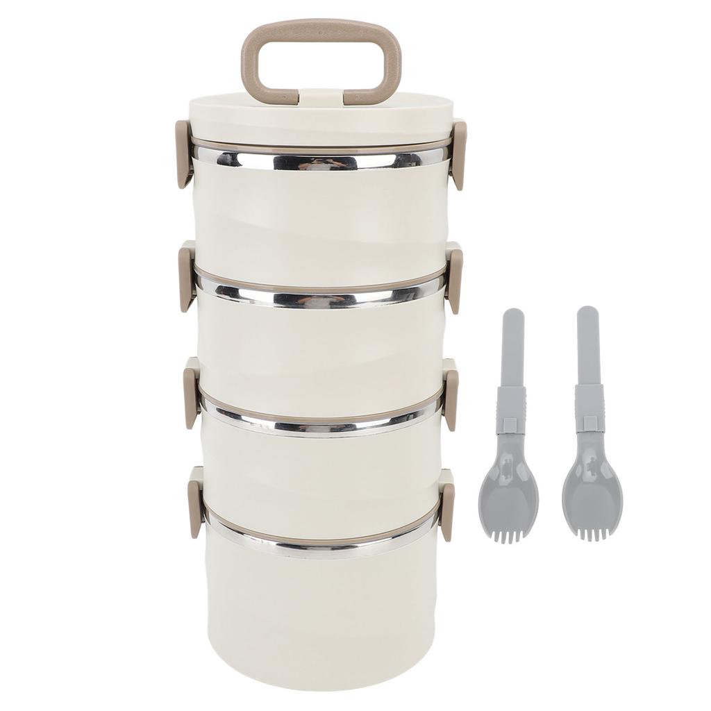 3.3L 4 Tier Insulated Lunch Box 304 Stainless Steel Food Container Round Stackable Bento Box with 2 Integral Fork Spoon