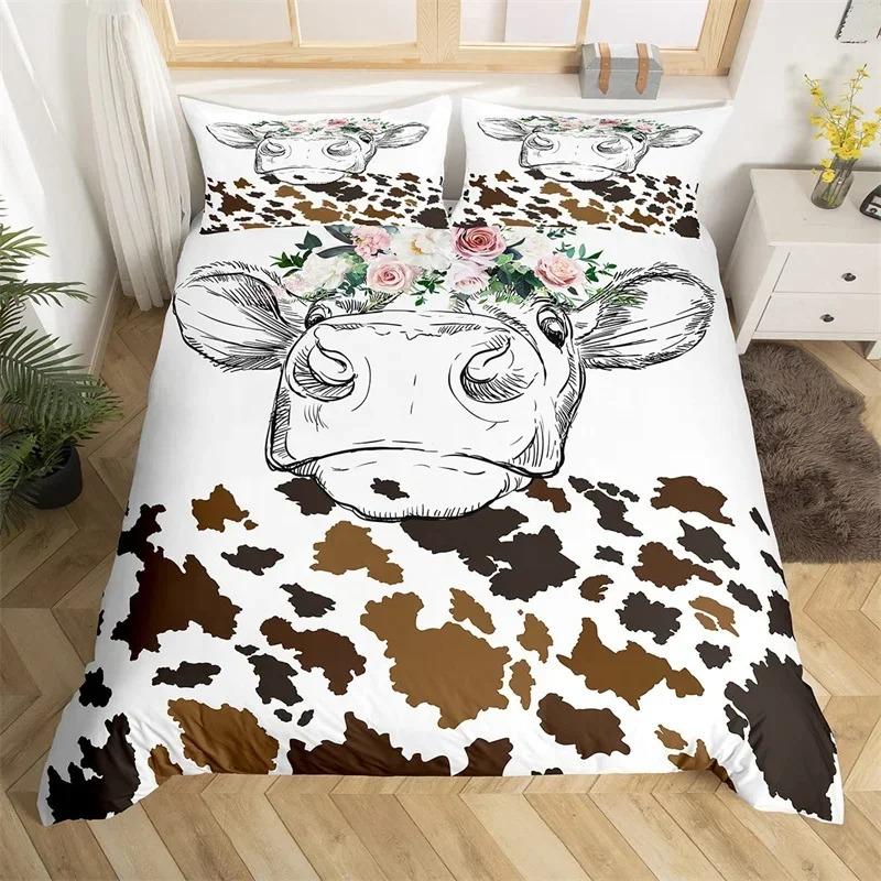 Highland Kuh Bettbezug King Mikrofaser Western Bauernhaus Tier Bettwäsche Set Leopard Kuhfell Fell Blumendruck Bettdeckenbezug