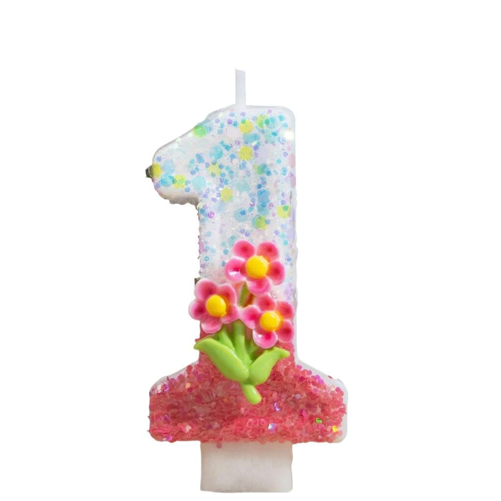 Number 1 Birthday Candle Creative Style with Decorative Flower Design for Party Topper Celebration Use