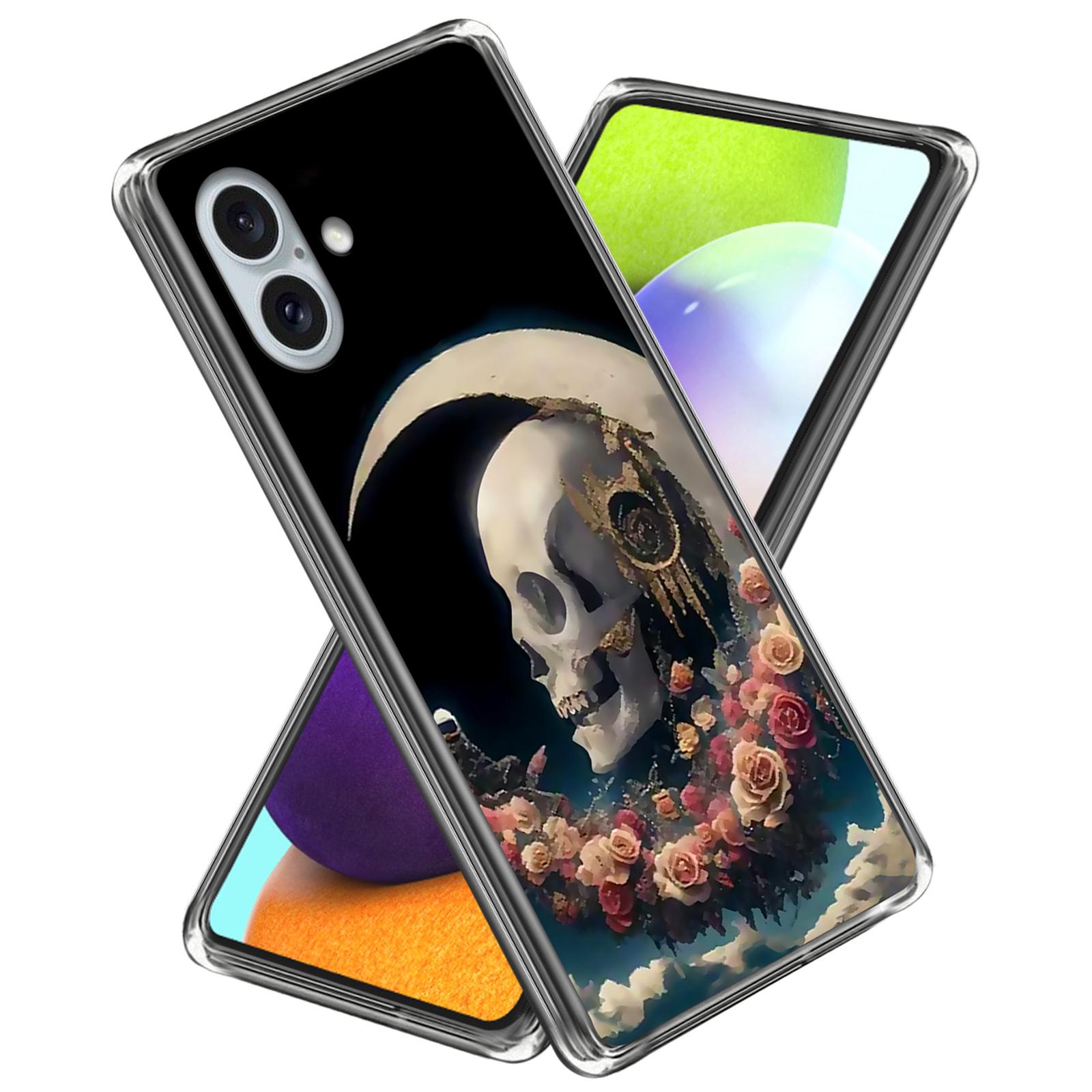 

For iPhone 16 Plus Case Pattern Printed Shockproof TPU Phone Cover Rose Skull