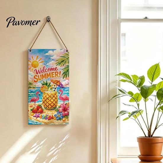 Farmhouse Wall Art Summer Wooden Hanging Sign, Welcome Sign Front Door Decor with Party Supplies Rope, Colorful Hanger for Seasonal Beach House Ready