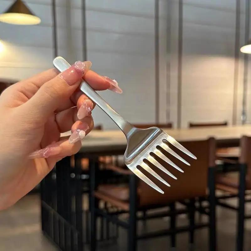 Creative Korean Single Handle Six-tooth Stainless Steel Dessert Fork Fruit Fork Portable 304 Stainless Steel Cake Fork