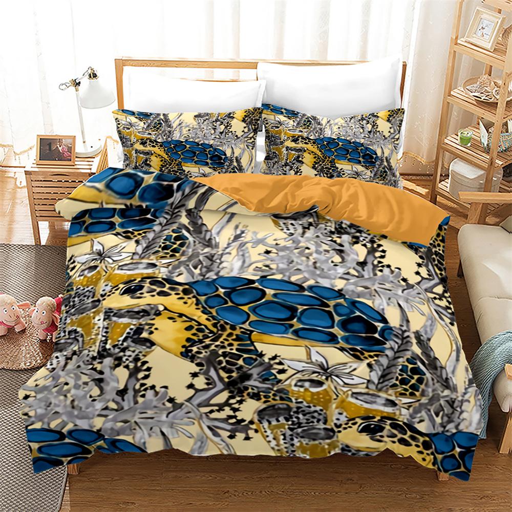 Sea Turtle Duvet Cover Set Black Gold Tortoise Reptile Bedding Set King Twin Size Polyester Comforter Cover for Kids Boys Girls