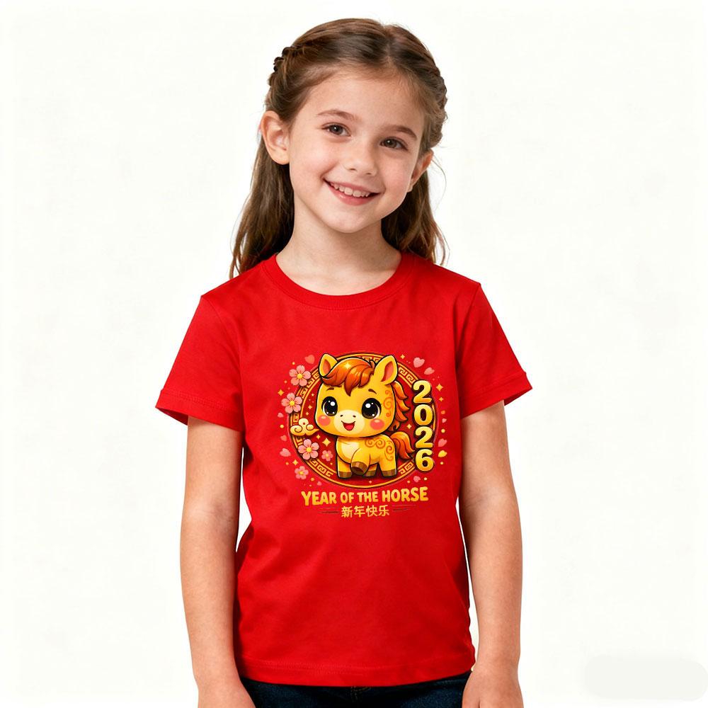 Year of The Horse 2026 Kids Tshirt Chinese New Year Kawaii Horse Printed Shirt Boys and Girls New Year Festival Costumes