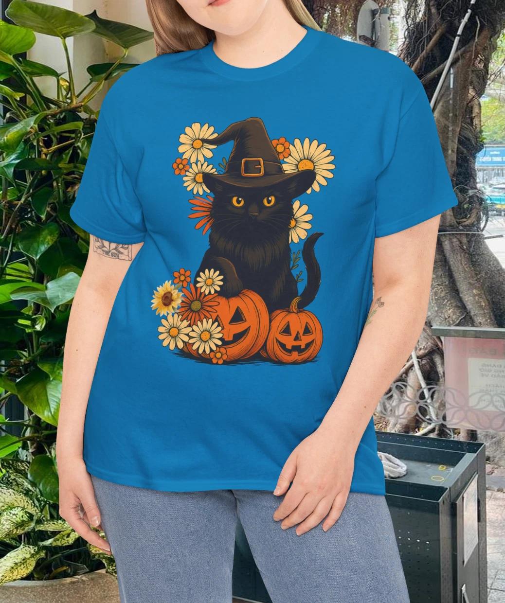 Retro Black Cat Pumpkin Halloween Costume Fall Autumn Season T- Shirt 4XL