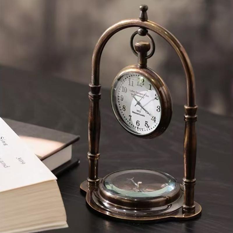 Retro Desk Clock Silent Small Compass Base Table Clock Unique Aesthetic Watch Home Desktop Decorative Clocks Interior Ornaments