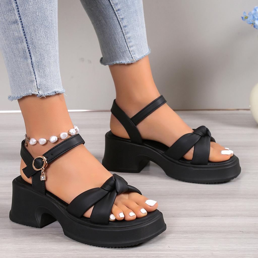 Summer 2026 New Solid Pleated Open Toe Fashionable Women Shoes Ladies Shoes One-word Buckle High Heels Women Water Proof Sandals