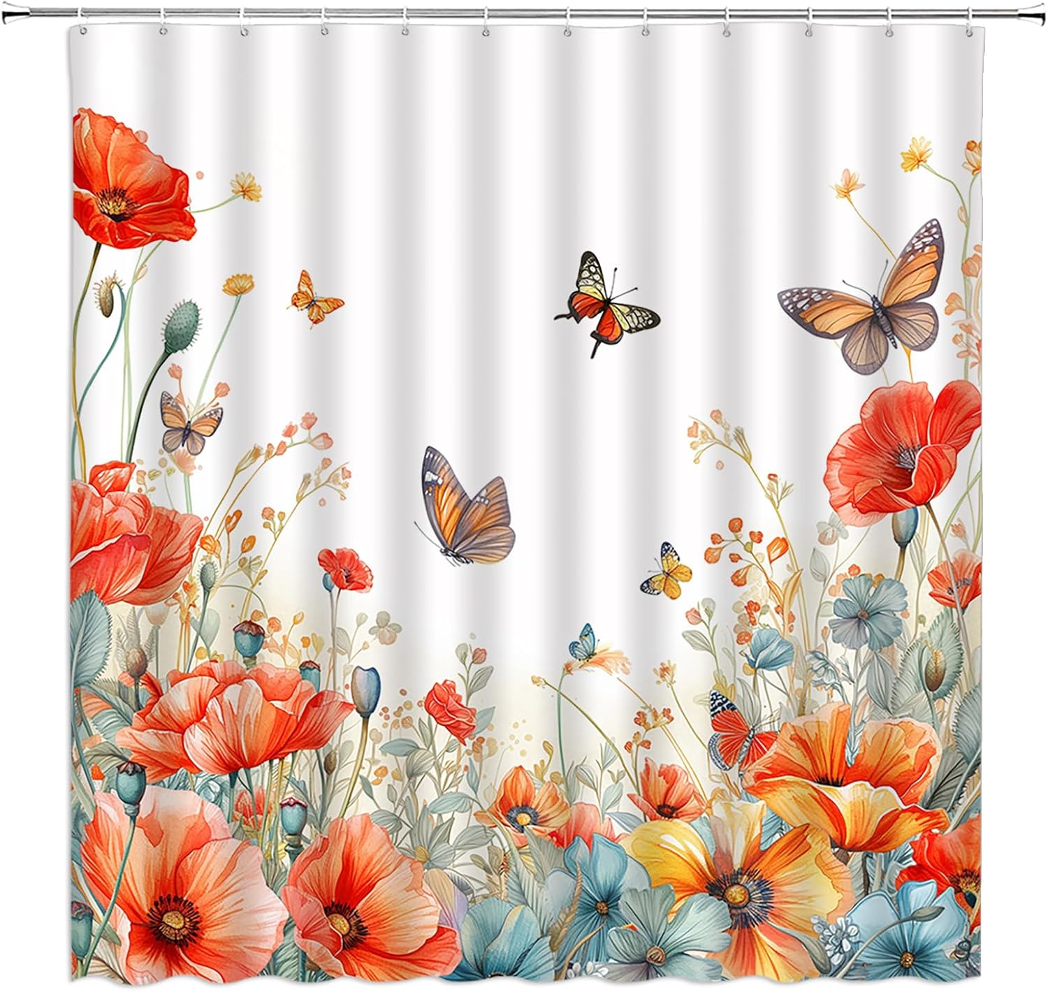 

Floral Shower Curtain Blue Daisy Flower Butterfly Spring Nature Watercolor Yellow White Bathroom Home Curtain Decor With Hooks W60H190(CM)-1 Pcs