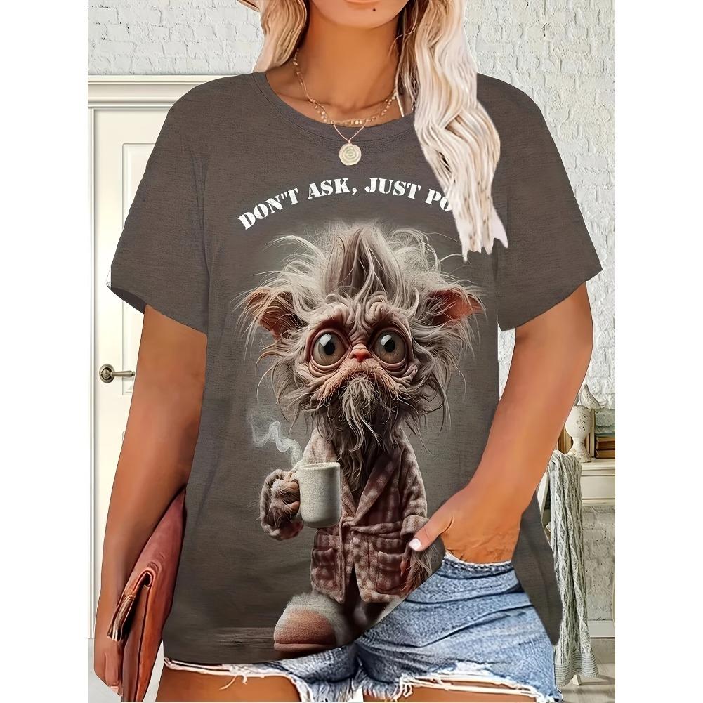 Plus Size Casual Crew Neck Short Sleeve Cat Animal Print T-Shirt - Soft Stretch Polyester Fabric Spring and Summer Womens Relaxed Fit Clothing