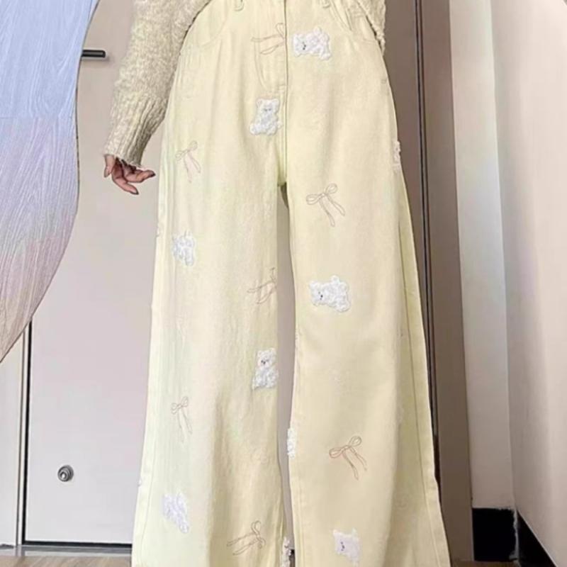 Damenjeans mit Bärenstickerei im amerikanischen Stil - Frühling/Sommer Hochtailliertes, schlankmachendes Design Gerades Bein Lange Hose