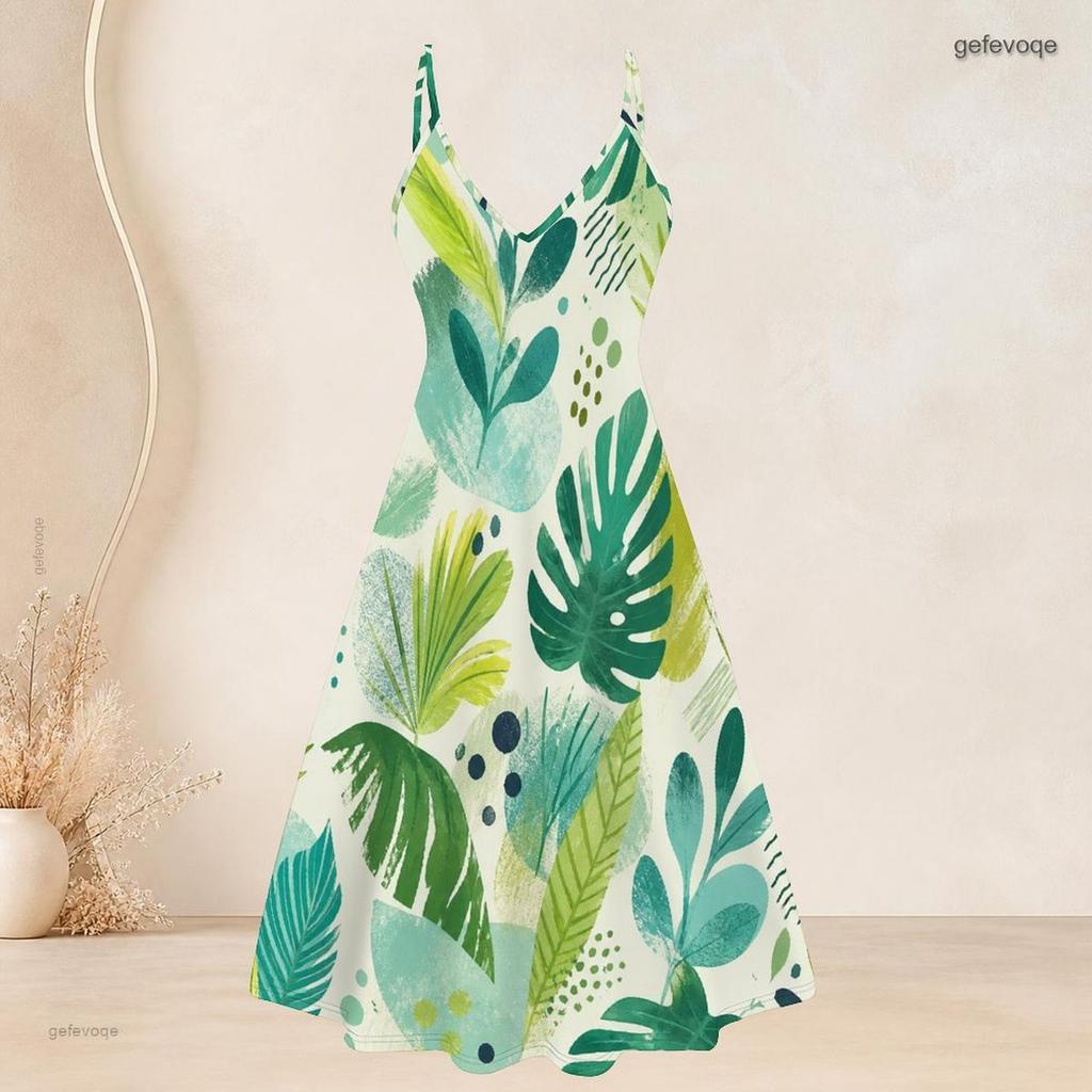 Women Plus Size Two Piece Set Tropical Leaf Printed Short Sleeve Cardigan Strappy V Neck Flared Dress