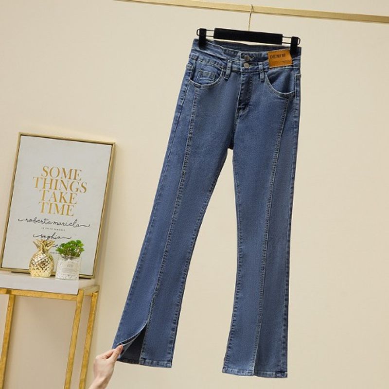 

Two-Piece Buckle High Waist Slim-Fit Slimming Slit Bell-Bottom Pants Dark Blue M