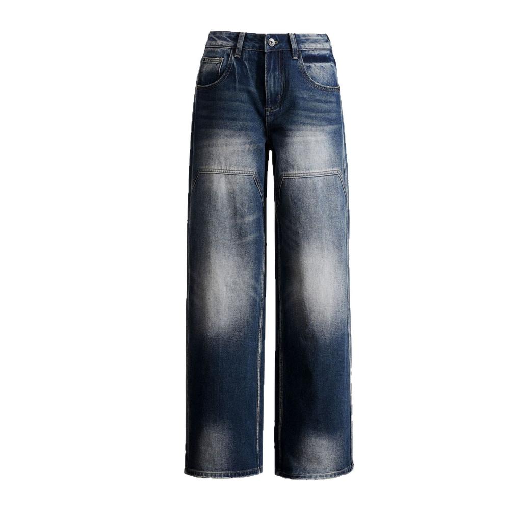 American retro jeans women's autumn new high waist and thin washed old design wide leg trousers