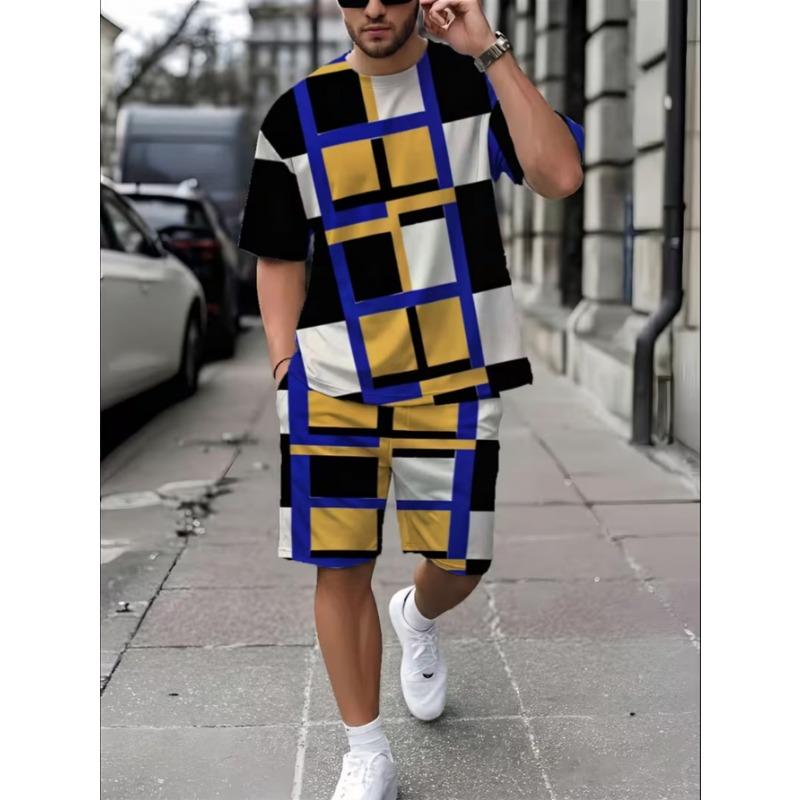 Urban Street Fashion Trend Men's Round Neck Short Sleeved Shorts Set, Outdoor Simple Casual and Comfortable
