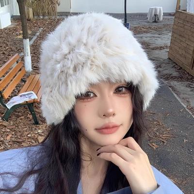 Kaninchenhaar Weiß Plüsch Hut für Frauen Herbst Winter Warme Ohrenschutz Wollmützen Pelz Strickmützen