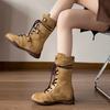 Niche Design Boxing Boots Women's Retro Style Heightening Martin Boots Lace-up Short Boots Mid-tube Western Boots German Training Boots