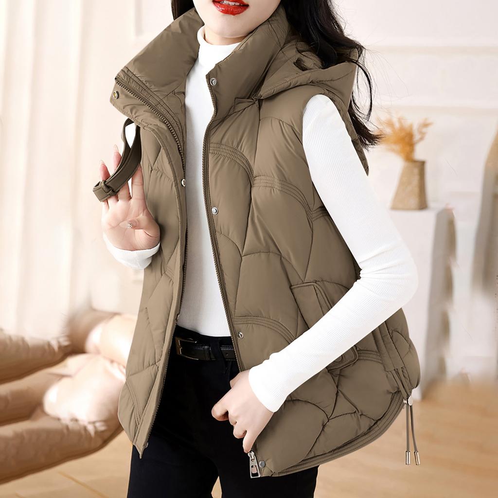 FiveFive Women's Hooded Zipper Cotton Vest Winter Sleeveless Warm Quilted Vests Korean Fashion Outdoor Windbreak Ski Coat
