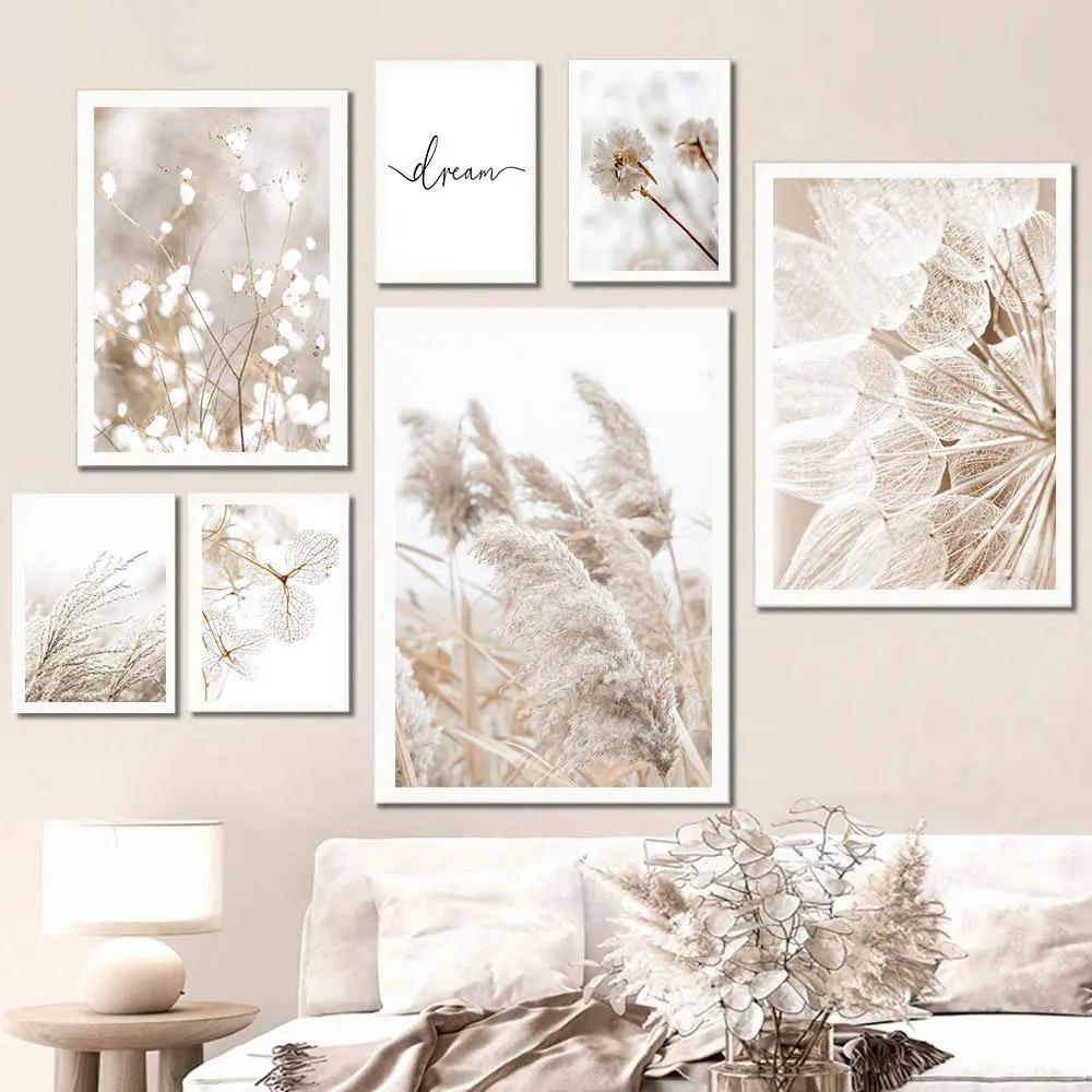 Nordic Beige Dandelion Painting Poster Reed Canvas Art Print Flower Posters Bunny Tail Grass Wall Art Picture Living Room Decor