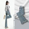 Women's High Waist Stretch Flare Jeans Frayed Raw Edge Fringe Hem Slim Fit Denim Bell‑Bottom Pants For Daily Streetwear