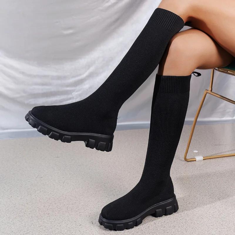 Fashion Thick Sole Knitted Long Boots for Women Fashion Elastic Socks Shoes Boots Over Knee Round Toe Low Heels Botas  2024