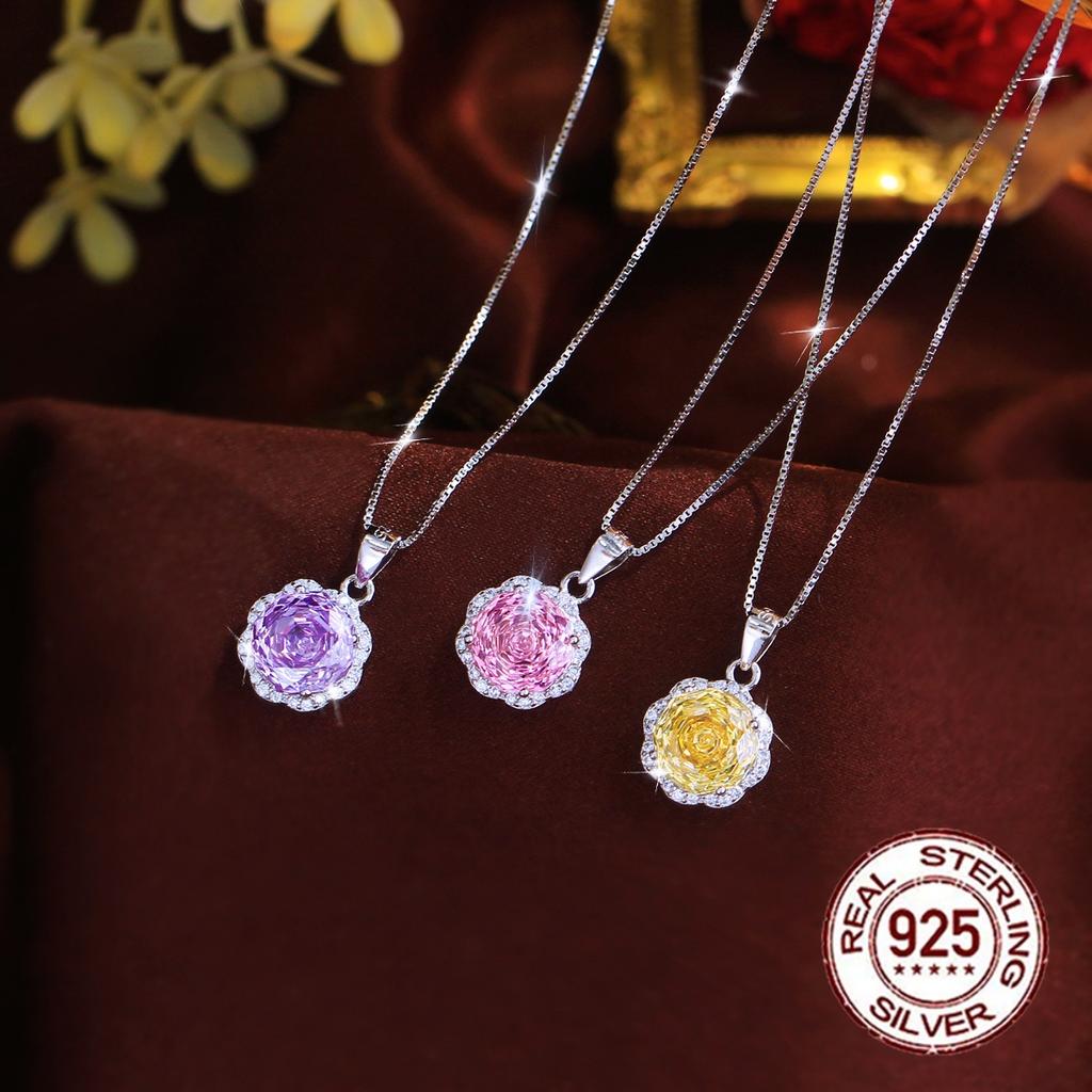 925 Sterling Silver Rose Flower Cut Pendant Necklace with Rhodium Plating Yellow Purple Pink CZ for Women's Romantic Party Wear