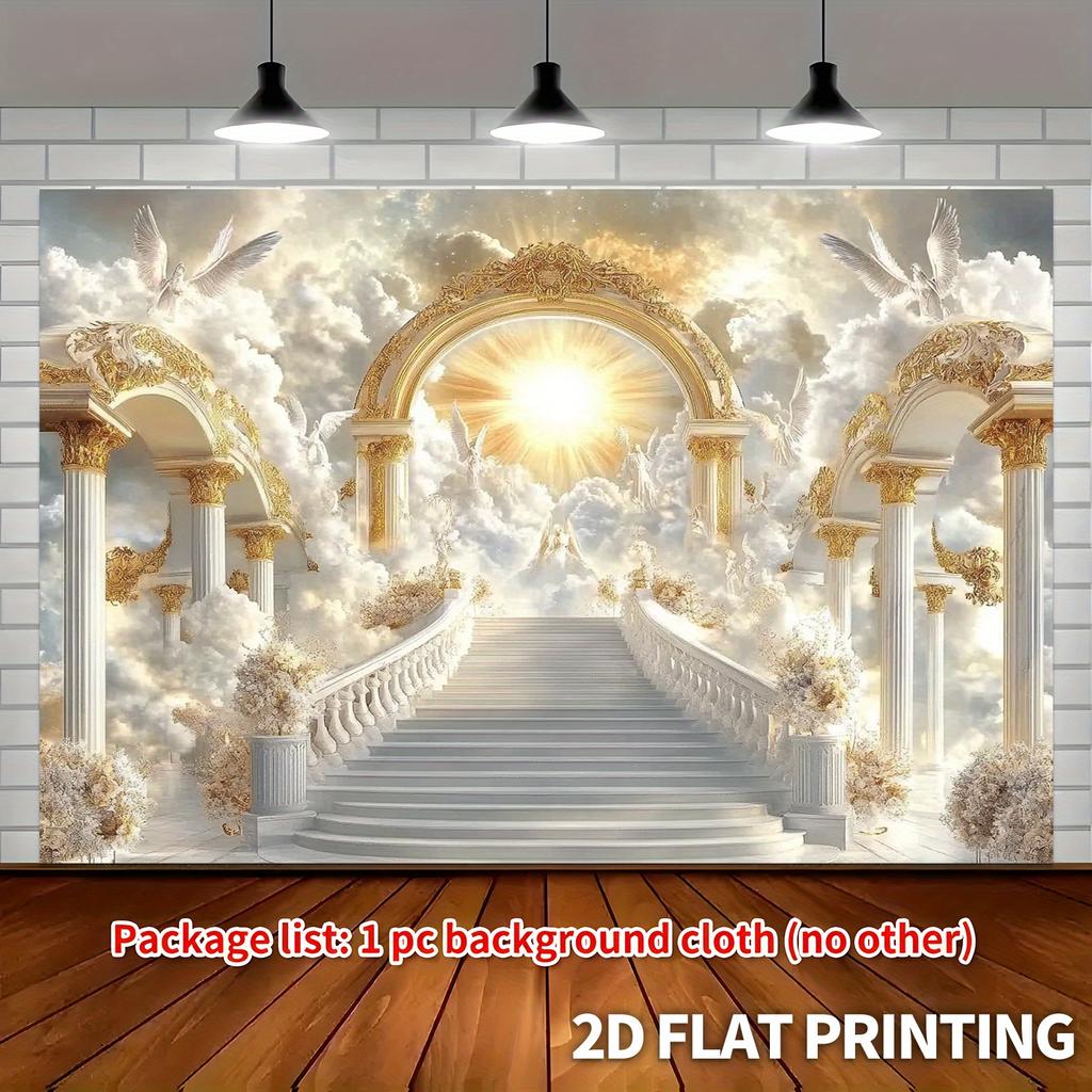 Celestial Wedding Background, Angelic Clouds, Golden Arch, Staircase, Photographic Studio Background, 2D Flat Printing, Decoration for Religious
