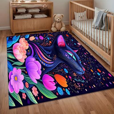 A Cuet Fox Area Rug Carpet Soft Non Slip Psychedelic Floral Fox Floor Mat for Entryway Bedroom Living Room Kids Room Home Decor