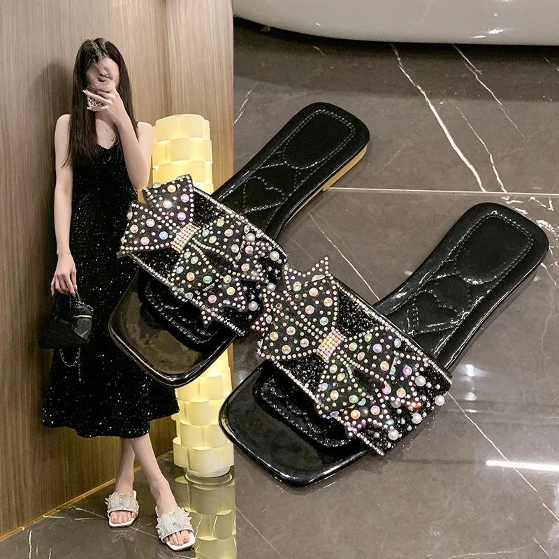 Women Summer Shoes  New Fashion Comfortable Non Slip Bow-knot Slippers Outdoor Soft Sole Rhinestone Dress Style Women Sandal