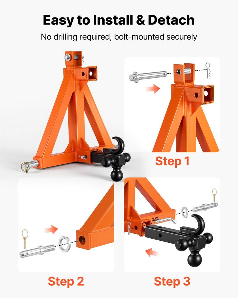 3 Point Trailer Hitch with 50.8mm Receiver, 3 Pt Quick Hitch with 3 Trailer Balls, Tractor Tow Drawbar Adapter for Category 1, Kubota, Mahindra, Ford,