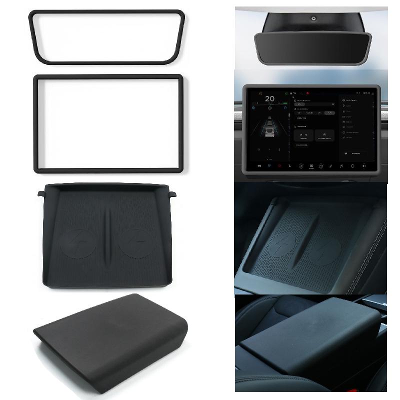 Für Tesla Model 3 Y Juniper Highland 2025 Mittelkonsolen-Armlehnenpolster Kabellose Ladefläche Bildschirm Rückspiegel Schutzrahmen
