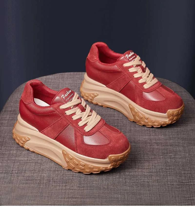 

Женские кеды Koznoy из натуральной кожи высотой 7 см, лоферы разных цветов, на платформе и танкетке, на плоской подошве, весна-осень, вулканизированная обувь 34 красный