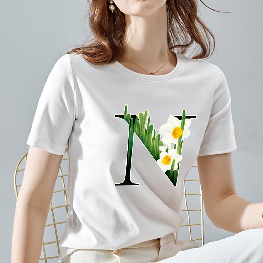 O Neck White Top Women 2022 Summer Casual T Shirt Basic Flower Color Letter Name Pattern Print Short Sleeve Tops Ladies Clothes