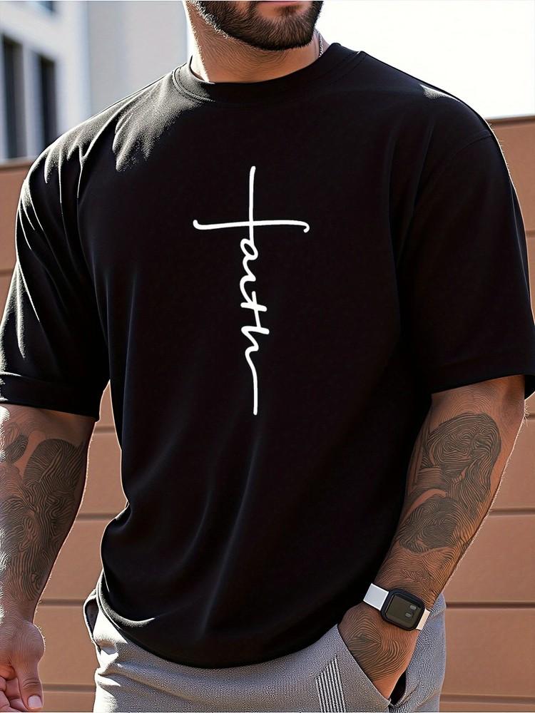 100% Cotton Men039;s Faith Cross Print Short Sleeve T-Shirt | Breathable Loose Fit Unisex T-Shirt XL
