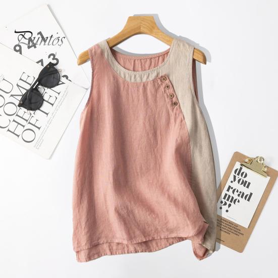 Summer Blouse Women Tank Top Contrast Color Patchwork Round Neck Sleeveless Thin Match Pants Casual Vintage Plus Size Lady T-shirt Clothes