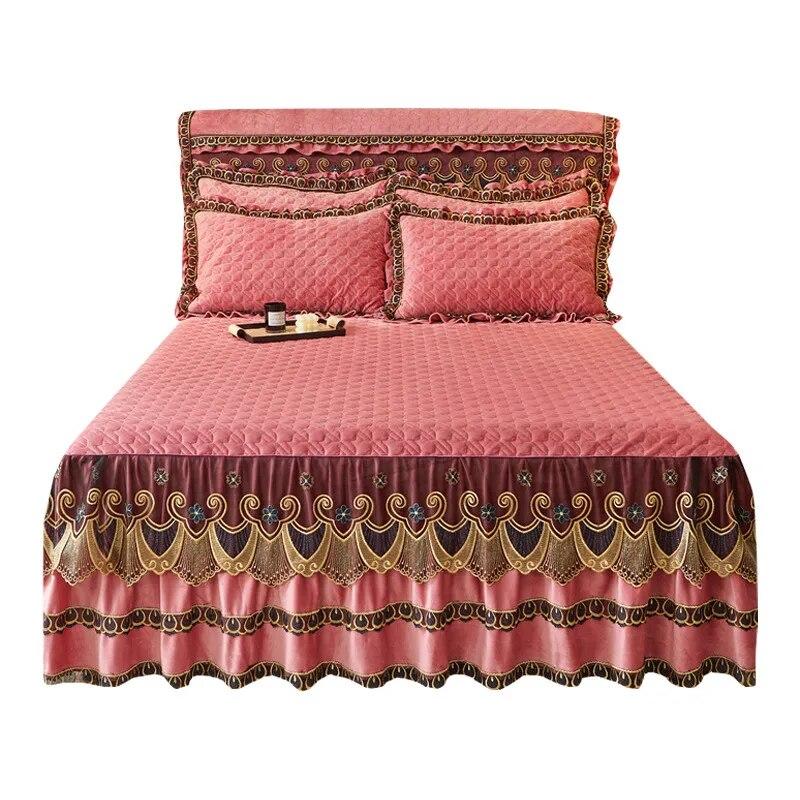 

AI WINSURE Роскошные стеганые бархатные покрывала для двуспальной кровати, комплект юбки из плотного кружева с рюшами, размер Queen King с 2 наволочками 150x200cm 59x79inch