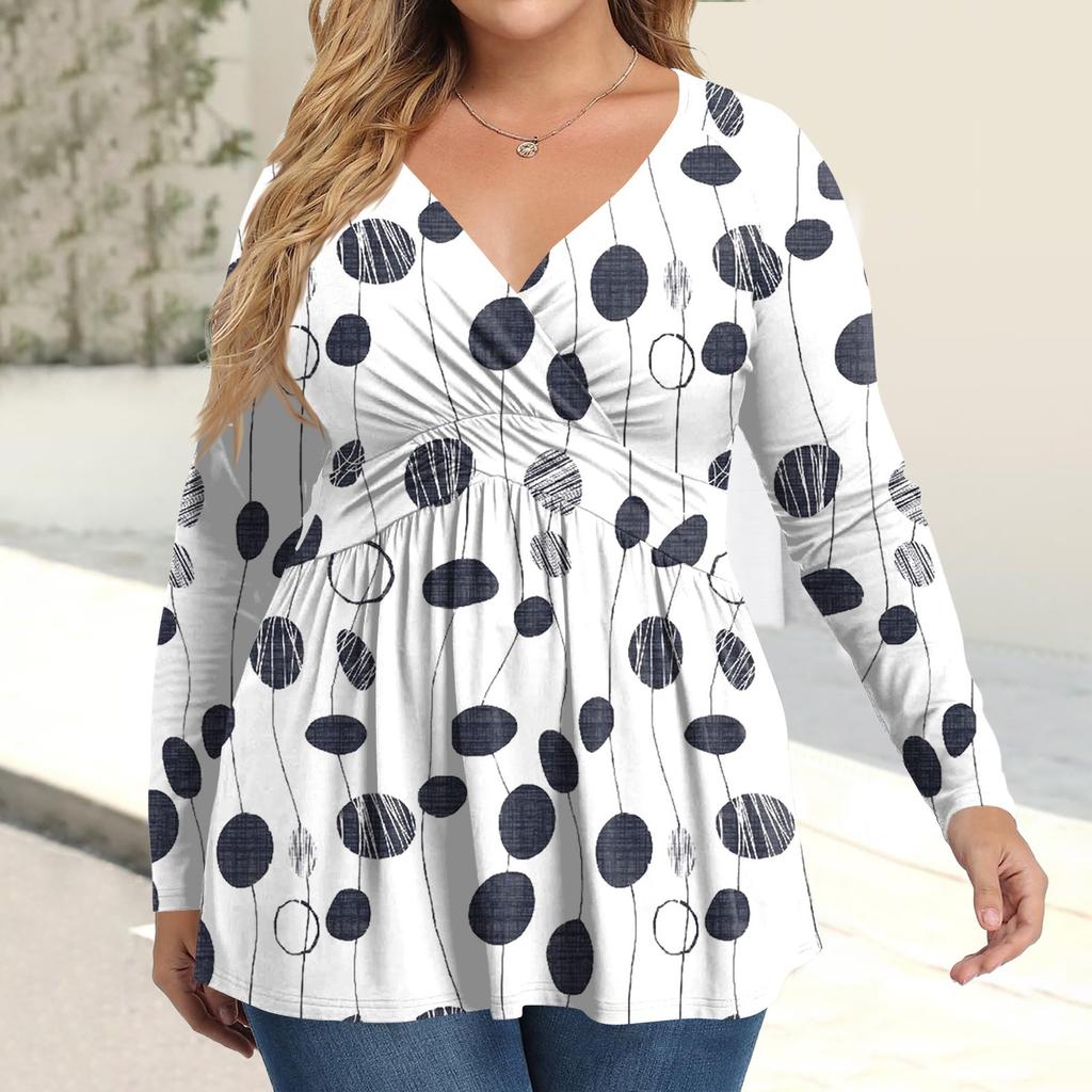 Women's Plus Size Shirt Long Sleeve  Print Top Pleated Casual V-Neck Top