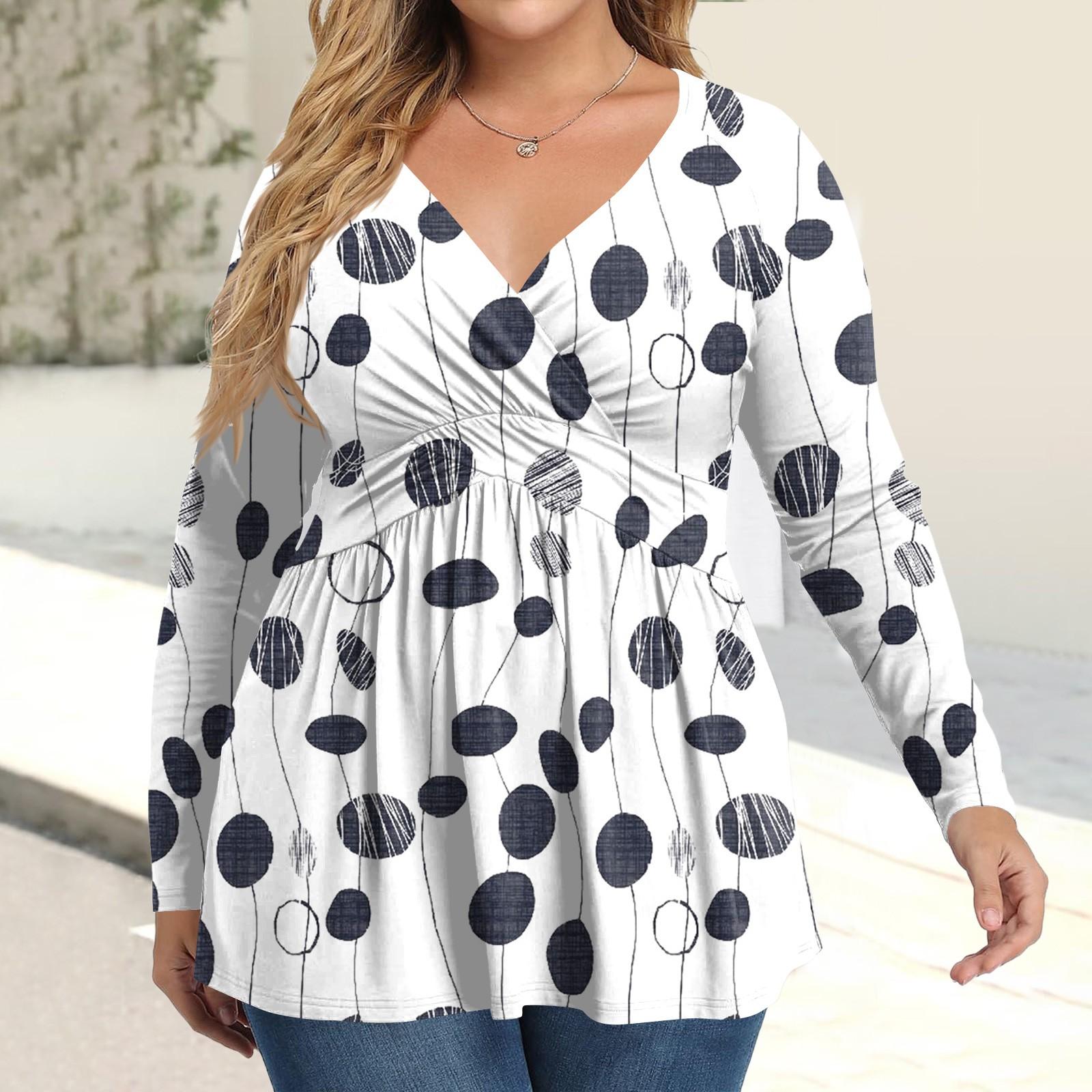 

Women s Plus Size Shirt Long Sleeve Print Top Pleated Casual V-Neck Top XXL